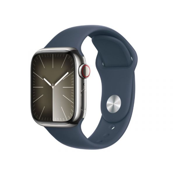 Apple Watch Series 9 GPS + Cellular, 41mm (MRJ23QH/A) ezüstszínű rozsdamentesacél tok, viharkék sportszíj - S/M