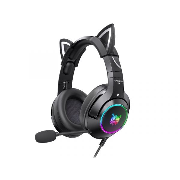 Onikuma K9 RGB Gamer Fejhallgató, Cicafüles (K9 BLACK RGB 3.5MM) Fekete